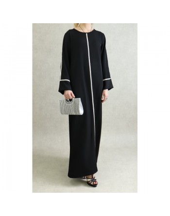 Abaya moderne mastoura pour femme - Robe longue noire brodée avec poches 