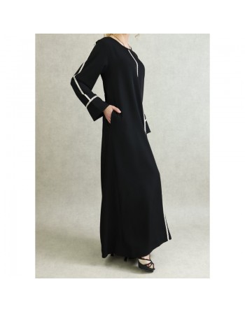 Abaya moderne mastoura pour femme - Robe longue noire brodée avec poches 