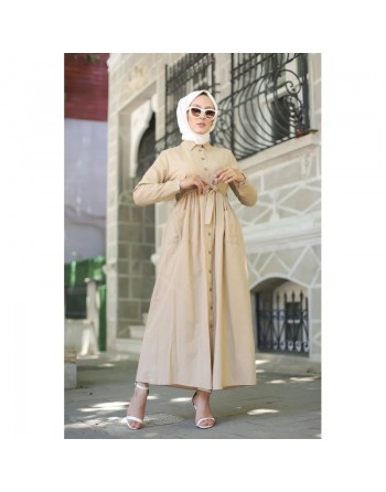 Robe chemise longue avec ceinture et grandes poches (Tenue ample pour femme voilée) - Couleur beige 