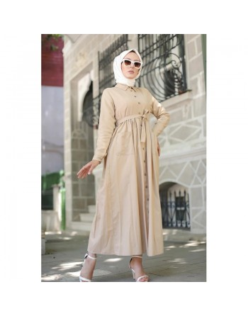 Robe chemise longue avec ceinture et grandes poches (Tenue ample pour femme voilée) - Couleur beige 