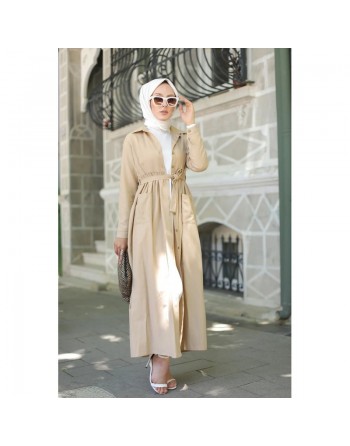 Robe chemise longue avec ceinture et grandes poches (Tenue ample pour femme voilée) - Couleur beige 