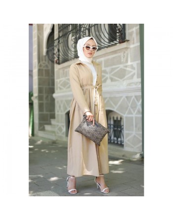 Robe chemise longue avec ceinture et grandes poches (Tenue ample pour femme voilée) - Couleur beige 