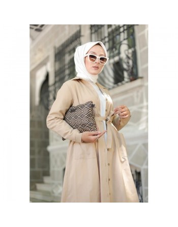 Robe chemise longue avec ceinture et grandes poches (Tenue ample pour femme voilée) - Couleur beige 