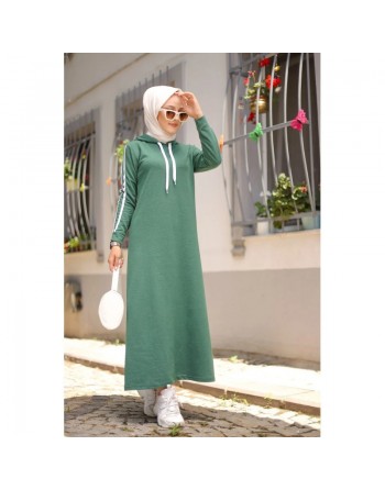 Robe sweat-shirt longue à capuche en coton look décontracté streetwear - Couleur vert émeraude 
