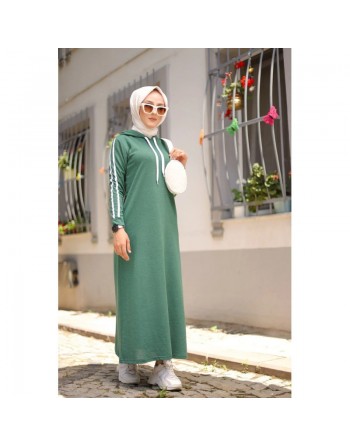Robe sweat-shirt longue à capuche en coton look décontracté streetwear - Couleur vert émeraude 