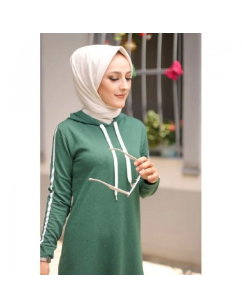 Robe sweat-shirt longue à capuche en coton look décontracté streetwear - Couleur vert émeraude 