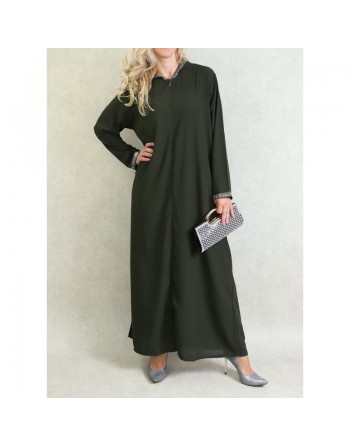 Djellaba orientale ample pour femme - Abaya à capuche avec fermeture éclair - Couleur Vert kaki 