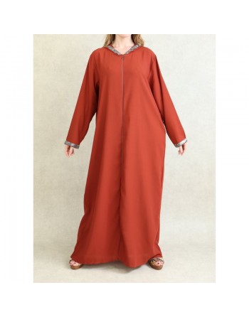 Djellaba orientale ample pour femme - Abaya à capuche avec fermeture éclair - Couleur Rouille 