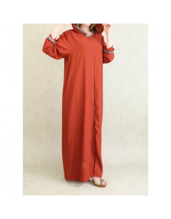 Djellaba orientale ample pour femme - Abaya à capuche avec fermeture éclair - Couleur Rouille 