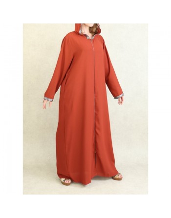 Djellaba orientale ample pour femme - Abaya à capuche avec fermeture éclair - Couleur Rouille 