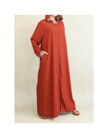 Djellaba orientale ample pour femme - Abaya à capuche avec fermeture éclair - Couleur Rouille 