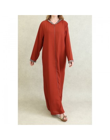 Djellaba orientale ample pour femme - Abaya à capuche avec fermeture éclair - Couleur Rouille 