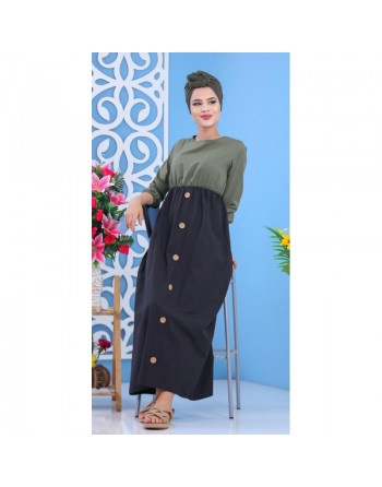 Robe longue bicolore à boutons pour femme - Couleur kaki 