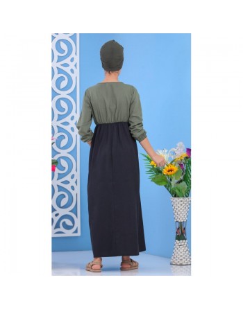 Robe longue bicolore à boutons pour femme - Couleur kaki 