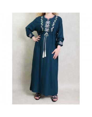 Robe longue brodée avec un lien à la taille pour femme - Couleur Bleu pétrole 