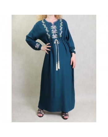 Robe longue brodée avec un lien à la taille pour femme - Couleur Bleu pétrole 