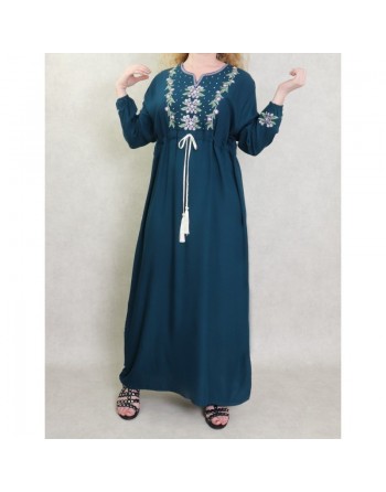 Robe longue brodée avec un lien à la taille pour femme - Couleur Bleu pétrole 