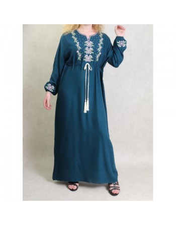 Robe longue brodée avec un lien à la taille pour femme - Couleur Bleu pétrole 