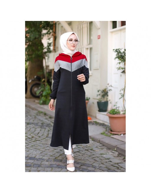 Cardigan long moderne robe zippée style hijab sport avec partie argentée - Couleur noir et bordeaux Cardigan long moderne robe zippée style hijab sport avec partie argentée - Couleur noir et bordeaux