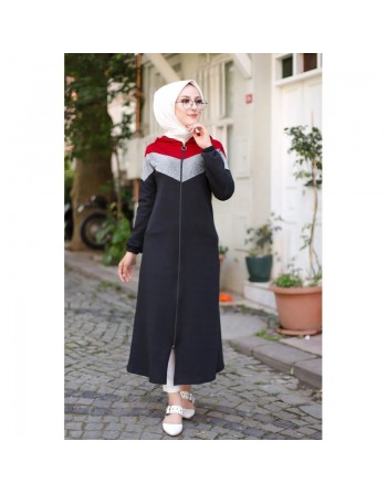 Cardigan long moderne robe zippée style hijab sport avec partie argentée - Couleur noir et bordeaux 