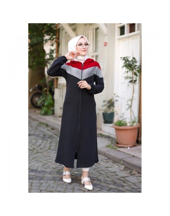 Cardigan long moderne robe zippée style hijab sport avec partie argentée - Couleur noir et bordeaux 
