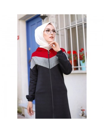 Cardigan long moderne robe zippée style hijab sport avec partie argentée - Couleur noir et bordeaux 