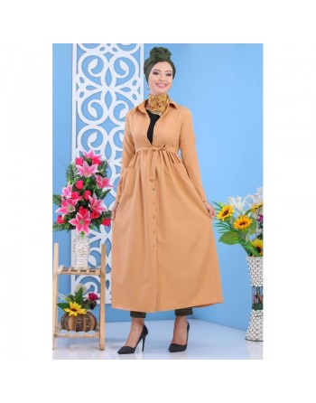 Robe longue élégante avec boutons tout au long pour femme - Couleur Caramel 