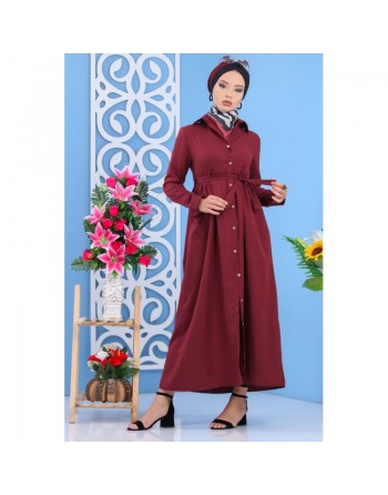 Robe longue boutonnée chic pour femme - Couleur Bordeaux 