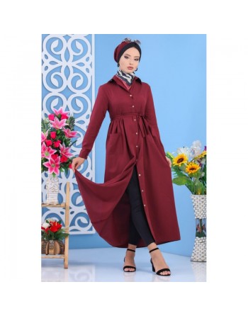 Robe longue boutonnée chic pour femme - Couleur Bordeaux 