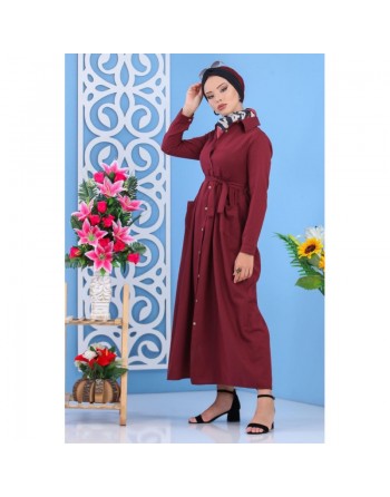 Robe longue boutonnée chic pour femme - Couleur Bordeaux 