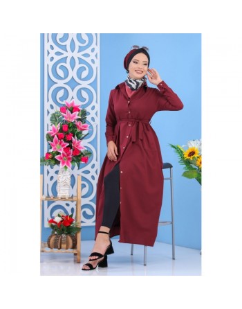 Robe longue boutonnée chic pour femme - Couleur Bordeaux 