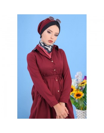 Robe longue boutonnée chic pour femme - Couleur Bordeaux 