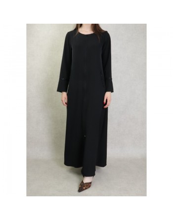 Robe abaya manches longues avec brodée noire et fermeture zip devant - Couleur Noir 