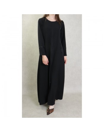 Robe abaya manches longues avec brodée noire et fermeture zip devant - Couleur Noir 