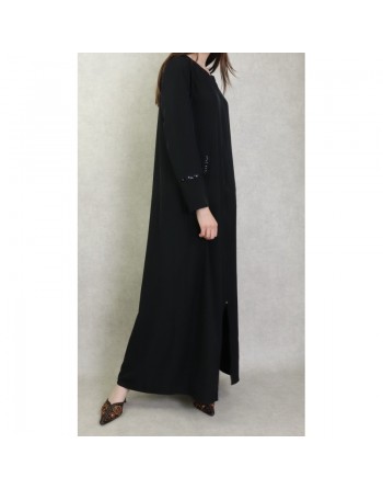 Robe abaya manches longues avec brodée noire et fermeture zip devant - Couleur Noir 