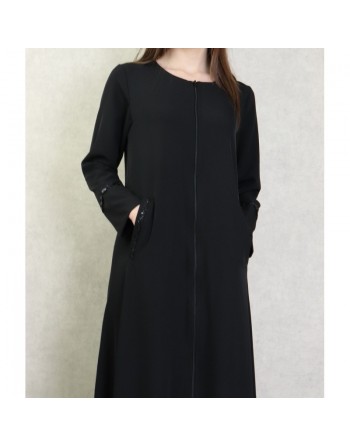 Robe abaya manches longues avec brodée noire et fermeture zip devant - Couleur Noir 