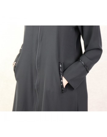 Robe abaya manches longues avec brodée noire et fermeture zip devant - Couleur Noir 