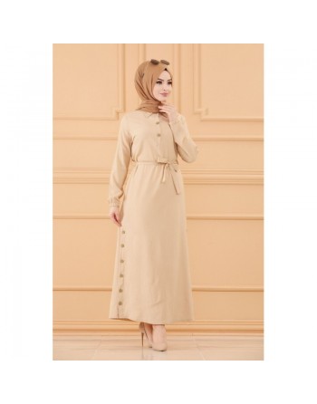 Robe longue habillée avec ceinture pour femme (Vêtement chic pour hijab) - Couleur beige clair 