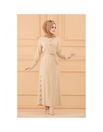 Robe longue habillée avec ceinture pour femme (Vêtement chic pour hijab) - Couleur beige clair 