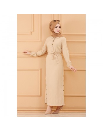 Robe longue habillée avec ceinture pour femme (Vêtement chic pour hijab) - Couleur beige clair 
