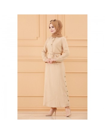 Robe longue habillée avec ceinture pour femme (Vêtement chic pour hijab) - Couleur beige clair 