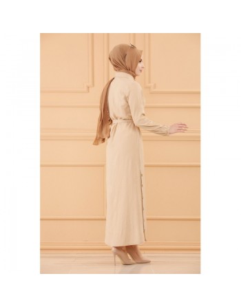 Robe longue habillée avec ceinture pour femme (Vêtement chic pour hijab) - Couleur beige clair 