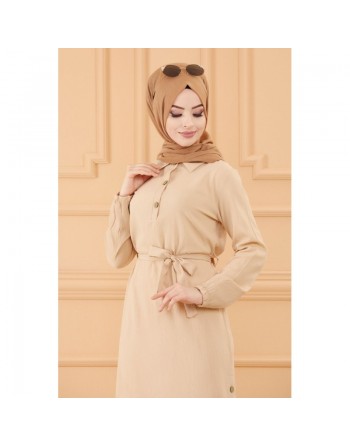 Robe longue habillée avec ceinture pour femme (Vêtement chic pour hijab) - Couleur beige clair 
