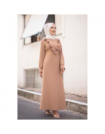 Robe longue bordée d’un volant pour femme (Vêtement style habillé pour hidjab) - Couleur beige 
