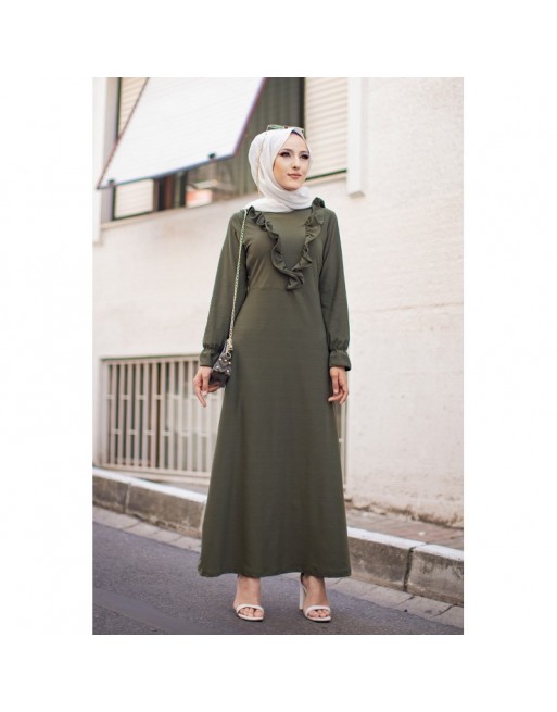 Robe longue bordée d’un volant pour femme (Vêtement style habillé pour hijab) - Couleur kaki Robe longue bordée d’un volant pour femme (Vêtement style habillé pour hijab) - Couleur kaki