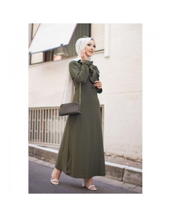 Robe longue bordée d’un volant pour femme (Vêtement style habillé pour hijab) - Couleur kaki 