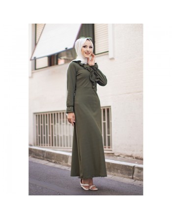 Robe longue bordée d’un volant pour femme (Vêtement style habillé pour hijab) - Couleur kaki 