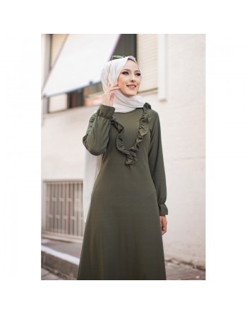 Robe longue bordée d’un volant pour femme (Vêtement style habillé pour hijab) - Couleur kaki 