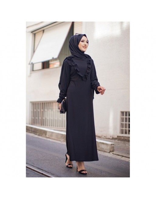 Robe longue habillée à volants (Vêtement style chic pour femme voilée) - Couleur noir Robe longue habillée à volants (Vêtement style chic pour femme voilée) - Couleur noir