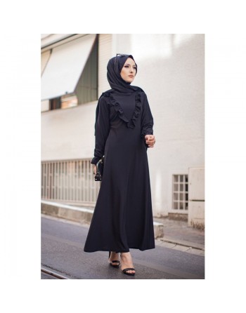 Robe longue habillée à volants (Vêtement style chic pour femme voilée) - Couleur noir 